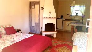 um quarto com uma cama e uma lareira em Recanto Chale dos Alpes - Chale com Lareira e Jardim em Monte Verde