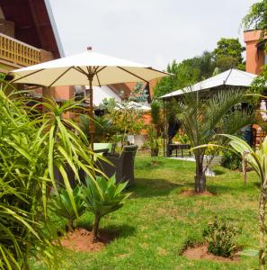 a garden with two umbrellas and some plants at Green Palace in Ivato