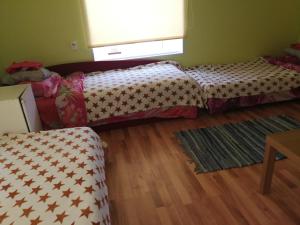 un soggiorno con 2 letti e un pavimento in legno di Ojavere Puhkemaja a Plika