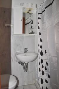 uma casa de banho com um lavatório, um WC e um espelho. em Old Traditional House in the Castle of Monenvasia em Monemvasia