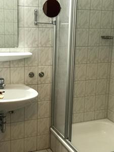 ein Bad mit einer Dusche und einem Waschbecken in der Unterkunft Penz in Wolfshagen in Langelsheim