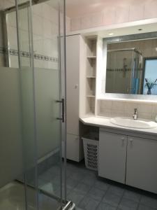 a bathroom with a glass shower and a sink at Ferienwohnungen am See in Obertrum am See