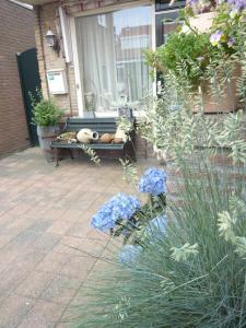 eine Bank auf einer Terrasse mit Blumen und Pflanzen in der Unterkunft Bed And No Breakfast Joy in Noordwijk aan Zee