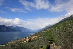a view of a town on a hill next to a lake at Holiday Mantovani in Brenzone sul Garda