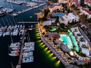 an aerial view of a marina at night at Yacht Classic Hotel - Boutique Class in Fethiye