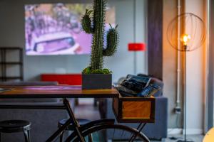 une table avec un cactus en haut dans l'établissement Sport Hotel Gym + SPA, à Covilhã