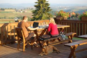 a man and woman sitting at a wooden table with a dog at Cabana Moţilor in Mărişel