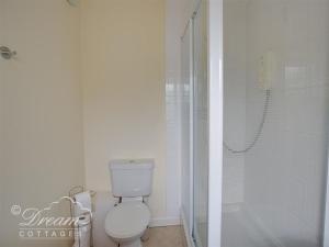 ein weißes Badezimmer mit Toilette und Dusche in der Unterkunft Harbour View Bungalow in Weymouth + 22 Fotos