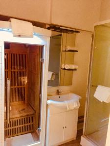 a bathroom with a sink and a shower and a toilet at L'Atrium in Béthune