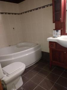 łazienka z wanną, toaletą i umywalką w obiekcie House On The Mountain w mieście Eptalofos