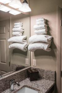 a bathroom with a stack of towels in front of a mirror at The Gator Den in Dunnellon