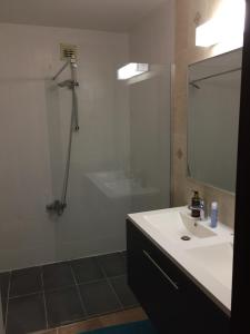 a bathroom with a sink and a shower with a mirror at Airport Residence in Zaventem
