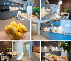 a collage of photos of a kitchen with blue cabinets at 4CULTURE APART bezpłatny parking in Łódź