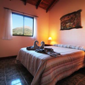 Un dormitorio con una cama con dos cisnes. en Cabañas El Aguaribay en Capilla del Monte