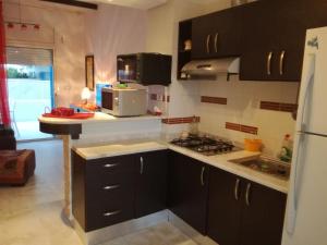 Kuchnia z czarnymi szafkami, zlewem i kuchenką mikrofalową w obiekcie Sonny Apartment w Hammamet