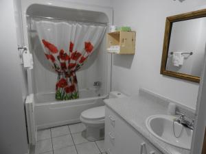 a bathroom with a toilet and a vase of red flowers at Hôtel Sous la Croix 152725 in Tadoussac