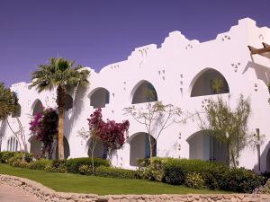 a white building with a palm tree in front of it at Holiday Rooms Domina Coral Bay in Sharm El Sheikh