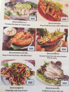 un menu pour un restaurant proposant différents types de nourriture dans l'établissement Navy Home Sattahib, à Sattahip