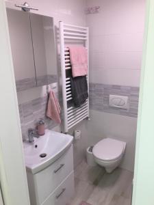 a white bathroom with a toilet and a sink at Rose Central Apartment in Debrecen