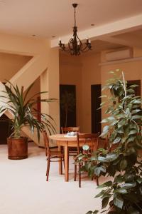 comedor con mesa, sillas y plantas en Mаgellan House, en Bor