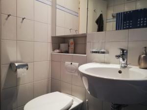 ダボスにあるGepflegte Ferienwohnung mit traumhafter Aussichtのバスルーム(洗面台、トイレ付)