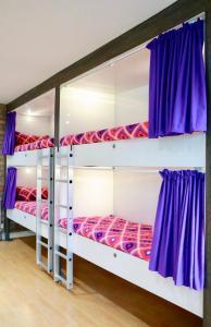two bunk beds in a room with purple curtains at The Liverpool Pod Travel Hostel in Liverpool