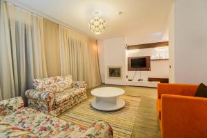 a living room with a couch and a table at Timber view apartment Silver Mountain Poiana Brasov in Poiana Brasov