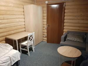 a bedroom with a bed and a desk and a couch at Dream Forest in Tukholʼka