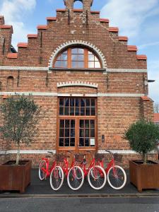 a row of red bikes parked in front of a brick building at b room in Bruges