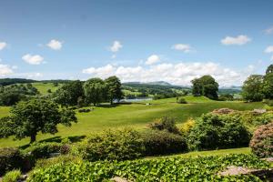 a view of a green field with trees and a river at Ees Wyke Country House in Near Sawrey