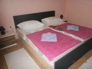 two twin beds with pink sheets and white pillows at Family Apartment Tonko with King's Bed in Matulji