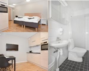 a bathroom with a sink and a toilet and a bedroom at Chefens Hotell in Södertälje