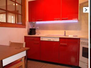een keuken met rode kasten en een wastafel bij Touring in Grächen
