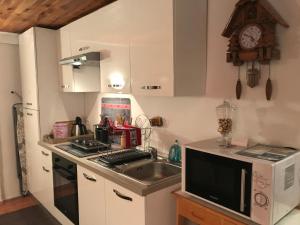 eine kleine Küche mit einer Spüle und einer Mikrowelle in der Unterkunft La Tranquilita in Sospel