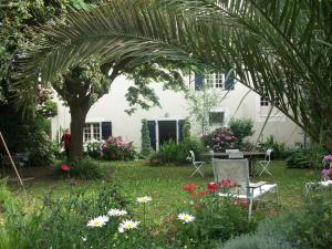 a garden with a palm tree and flowers at Chambres d'Hôtes Aroha in Sorde-lʼAbbaye