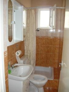 ein Badezimmer mit einem Waschbecken, einem WC und einer Badewanne in der Unterkunft Cseresznyés Vendégház in Mezőkövesd