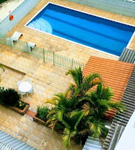 an overhead view of a swimming pool with palm trees at Hotel Cristo Rei 611 in São João del Rei