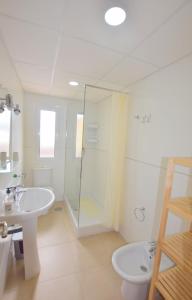 een badkamer met een douche, een wastafel en een toilet bij CARIHUELA 1ª LÍNEA DE PLAYA in Torremolinos