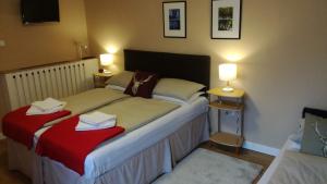 a bedroom with two beds with red sheets and two lamps at Pension Julia in Feld am See