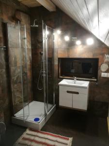 a bathroom with a shower and a sink at Domki Florentyna in Wojcieszyce