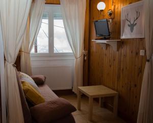 sala de estar con sofá, TV y ventana en Gites L'épilobe en Saint-Léger-les-Mélèzes