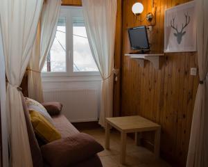 - un salon avec un canapé, une télévision et une fenêtre dans l'établissement Gites L'épilobe, à Saint-Léger-les-Mélèzes