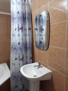 a bathroom with a sink and a shower curtain at Hostal Compostela Inn in David +158 photos