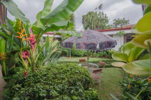 Casa Kibi Kibi في سان خوسيه: حديقة بها شرفة وكراسي ونباتات