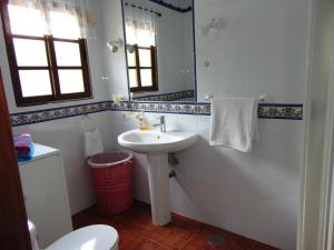 a bathroom with a sink and a mirror and a toilet at Casa Rosa in Tijarafe