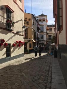 una calle adoquinada en una ciudad con edificios en Apartamentos Flamenco B&B en Sevilla