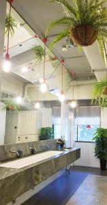 a large kitchen with sinks and potted plants at The Pod at Beach Road Boutique Capsule Hotel in Singapore