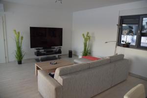 een woonkamer met een bank en een flatscreen-tv bij Villa Pina Tisno in Tisno