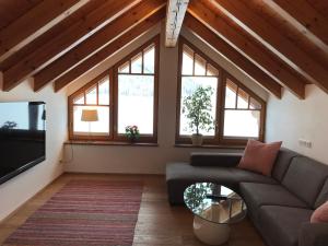 a living room with a couch and a tv at Haus Ramsauer in Werfenweng