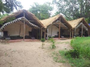 two large tents with thatched roofs in a field at Nature Camp Konark Retreat in Konārka